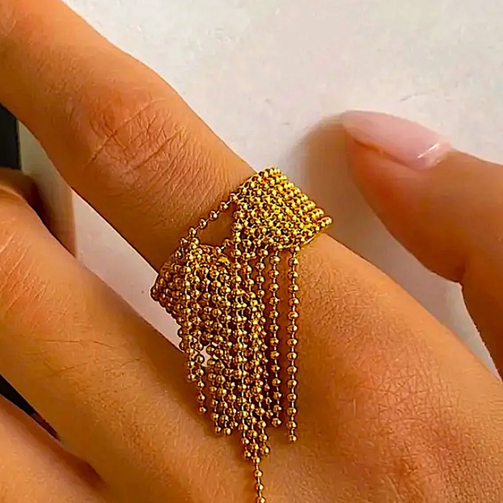 Stainless Steel Gold Plated Ring Fringe Tassel Tarnish Free Everyday Jewelry